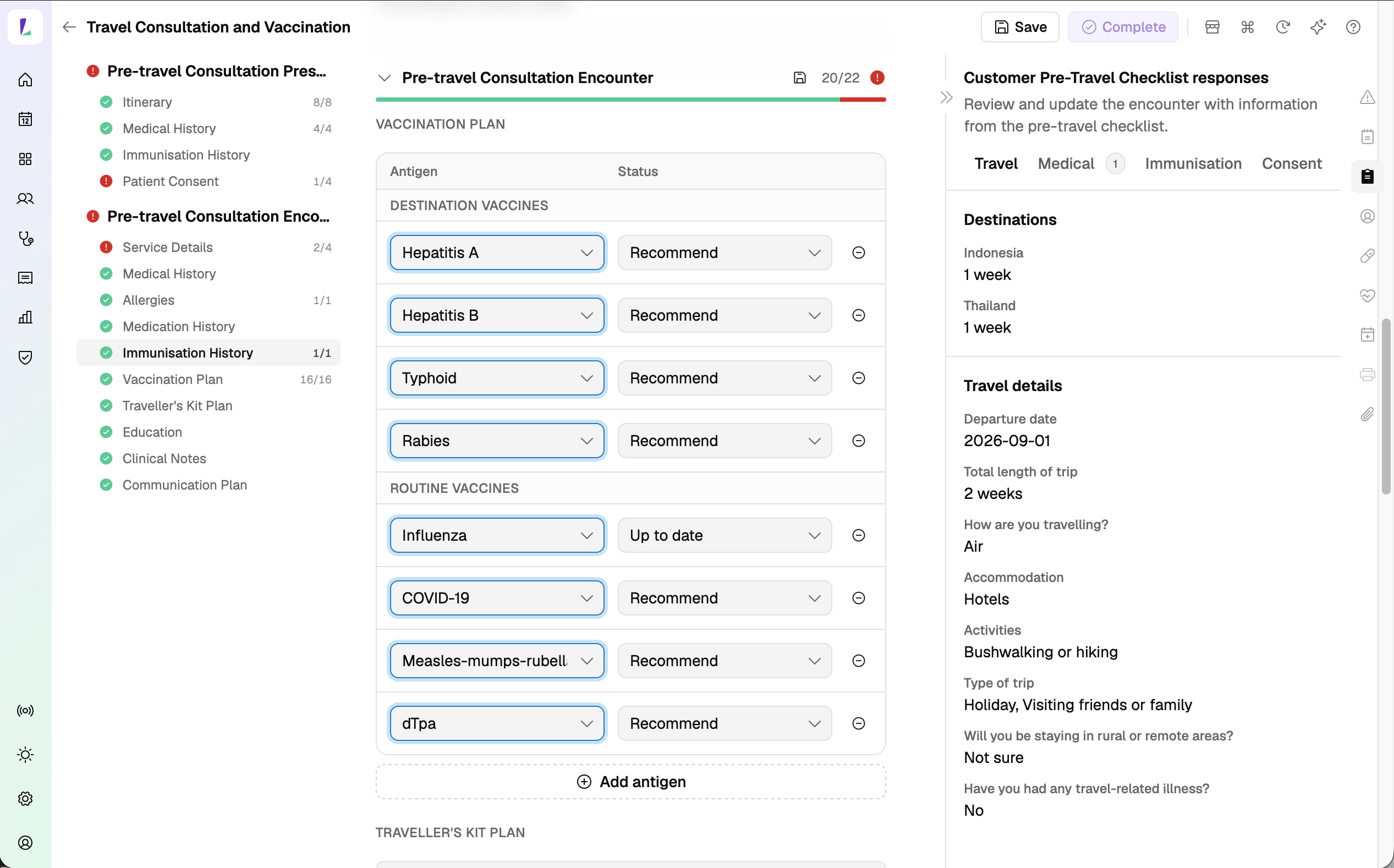 A pre-travel consultation encounter showing the vaccination plan of destination and routine vaccines, with the patient's checklist responses in the panel on the right