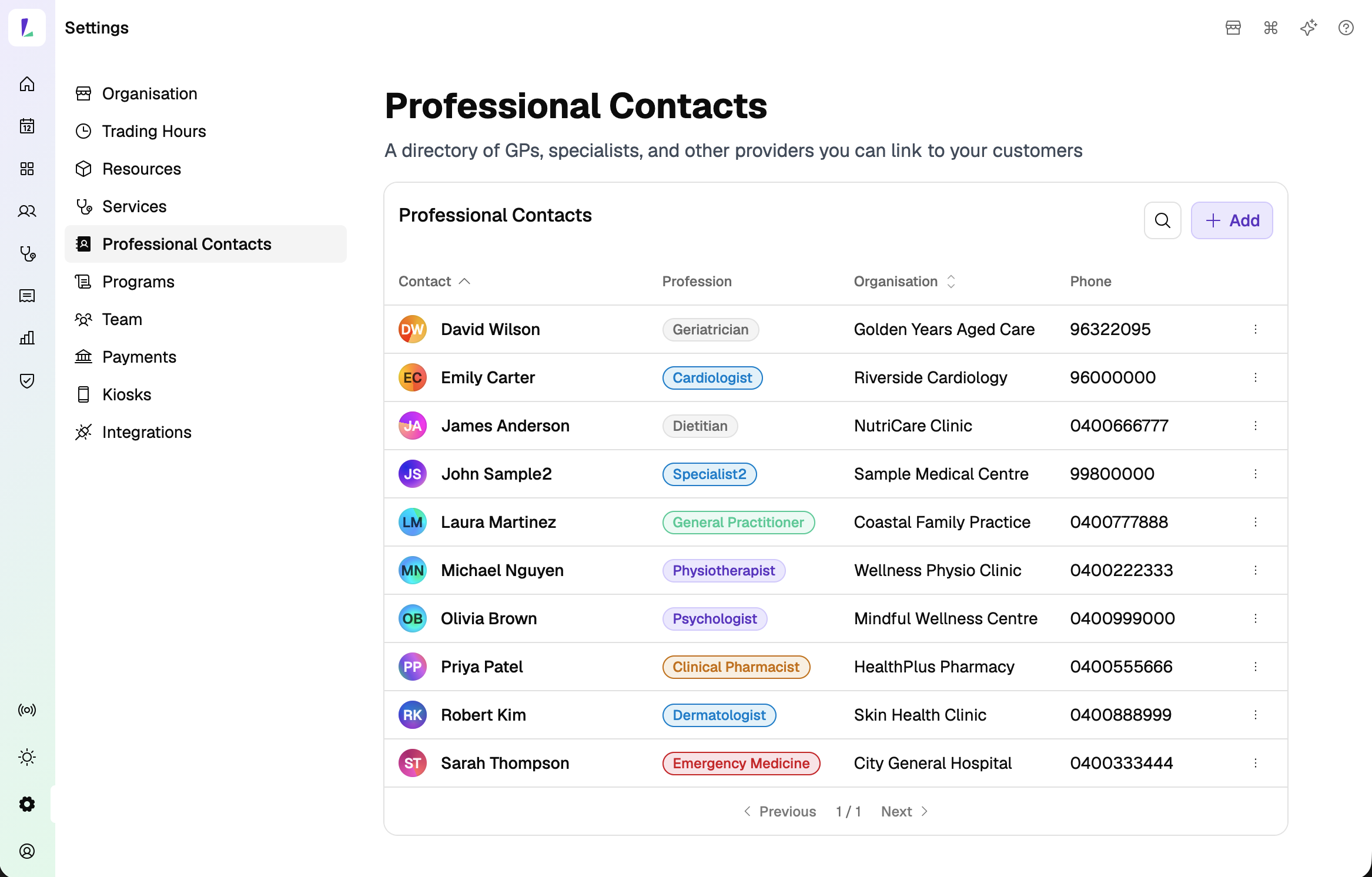 The Professional Contacts directory in Settings, listing contacts with their profession, organisation, and phone, with search and an Add button