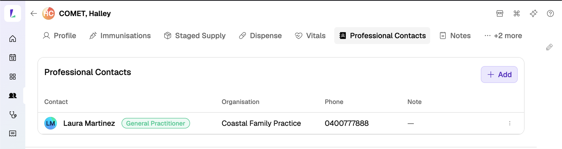 The Professional Contacts tab on a patient record, listing a GP with their role, organisation, and phone, and an Add button