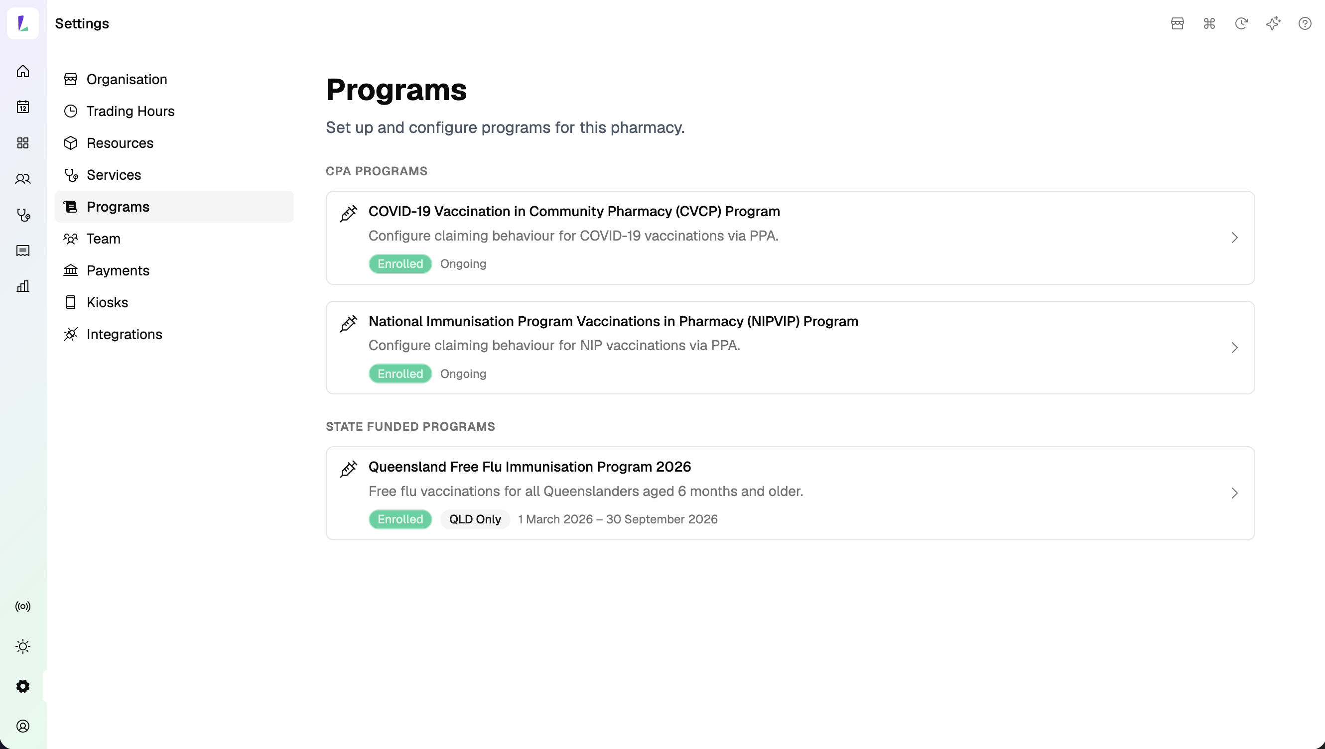 Programs settings page showing CPA programs (CVCP, NIPVIP) and state-funded programs (Queensland Free Flu) with enrolment status