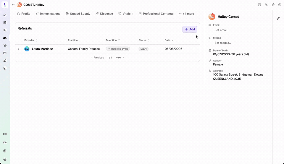 Adding a referral on a patient – choosing the direction and provider, then the priority, dates, referral information, and attachments on the add referral sheet