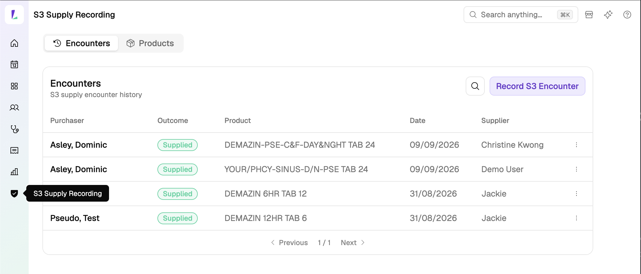 The S3 Supply Recording page on the Encounters tab, listing recorded supplies with purchaser, outcome, product, date and supplier, and a Record S3 Encounter button