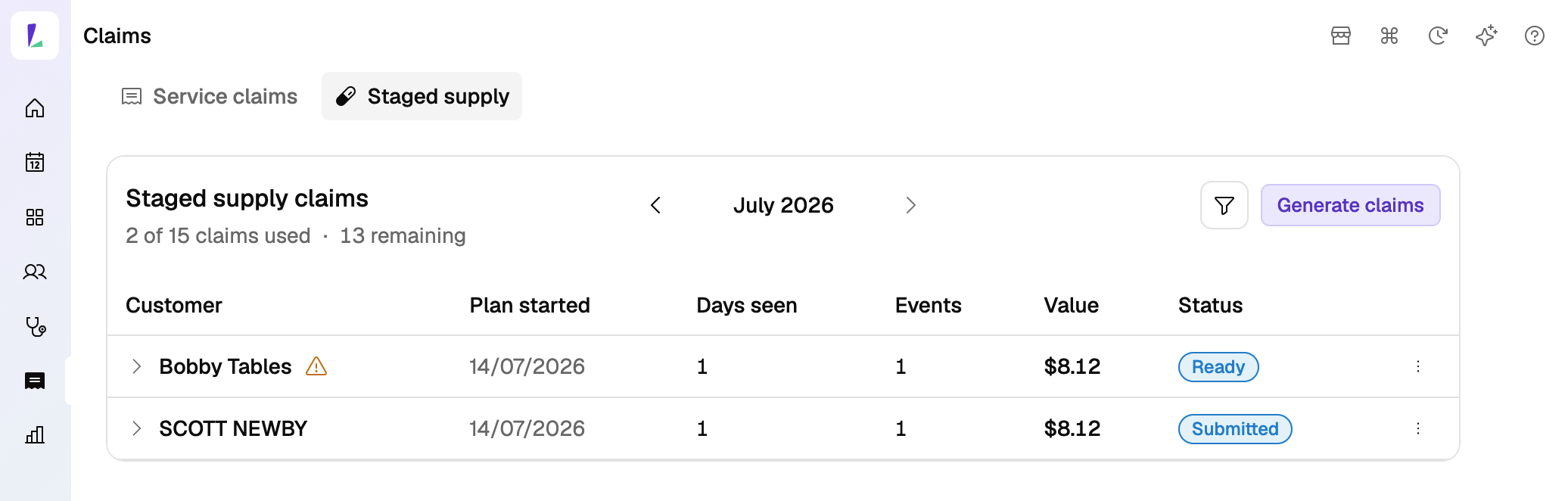 The Staged Supply tab on the Claims screen, listing claims for the month with a claim allowance
