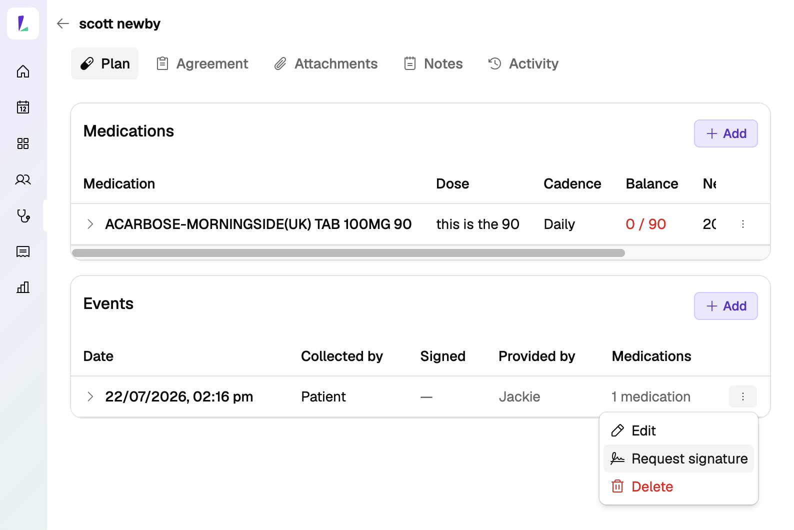 A staged supply plan's Events table with a collection row's menu open, showing Edit, Request signature, and Delete