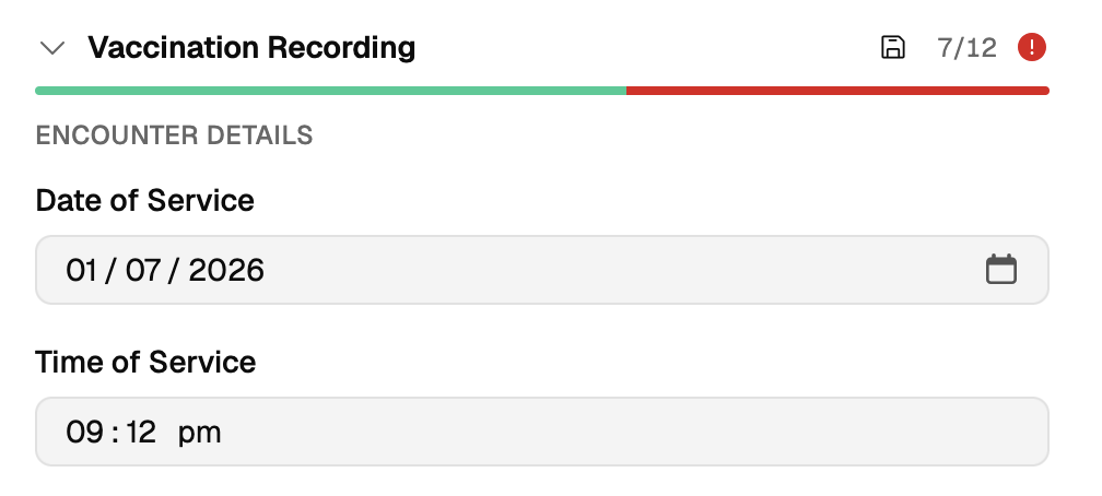 Time of service field on a vaccination record, pre-filled with the current time