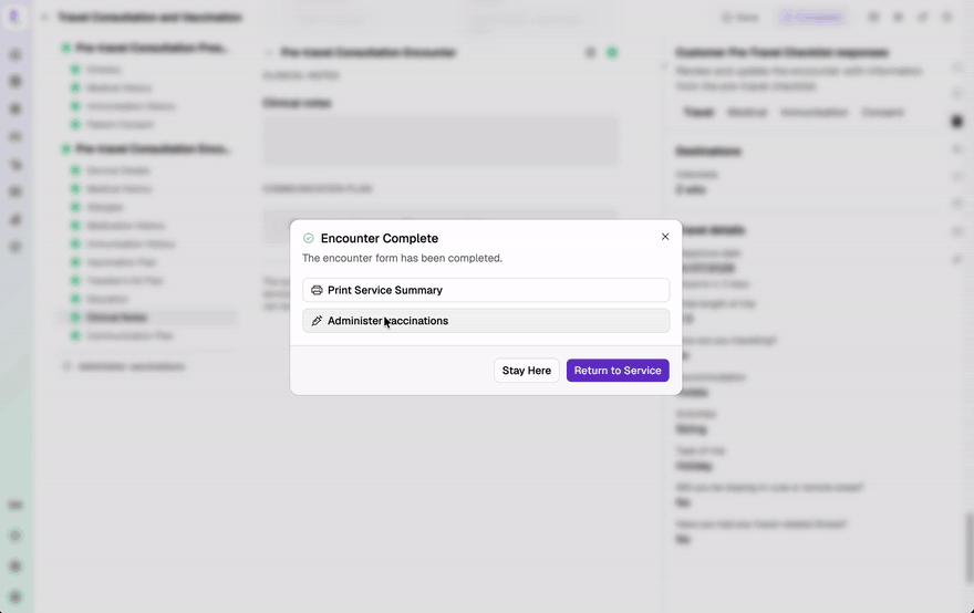 Finishing a pre-travel consultation and continuing into the vaccination encounter, with the recommended vaccines carried across via the Vaccination Handoff dialog