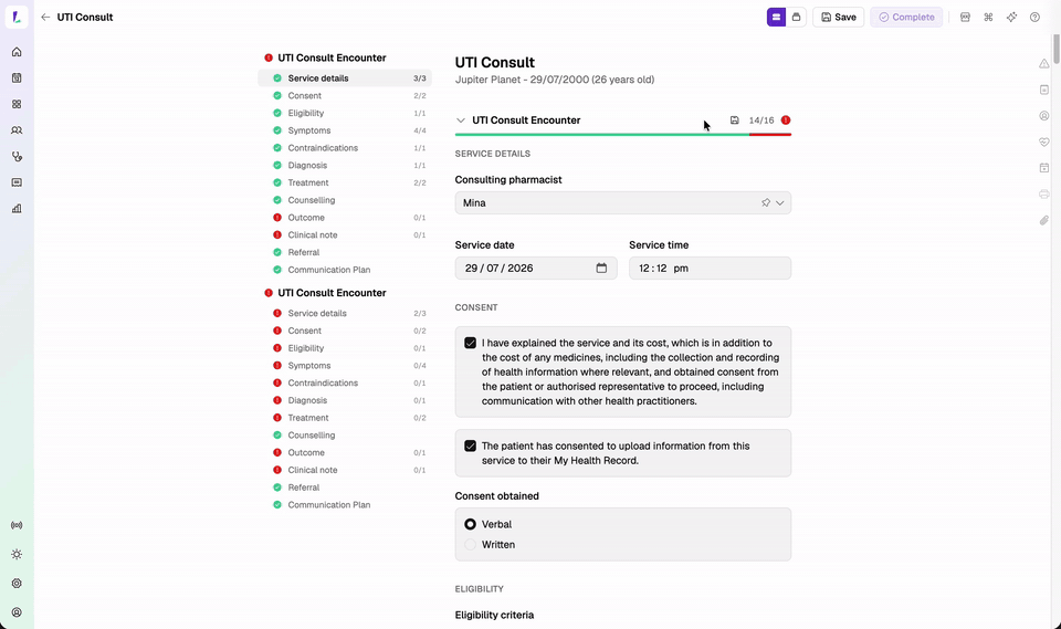 Switching a UTI consult between the step-by-step wizard and the continuous scroll using the Form display control, with the section rail and jurisdiction Reference panel visible throughout