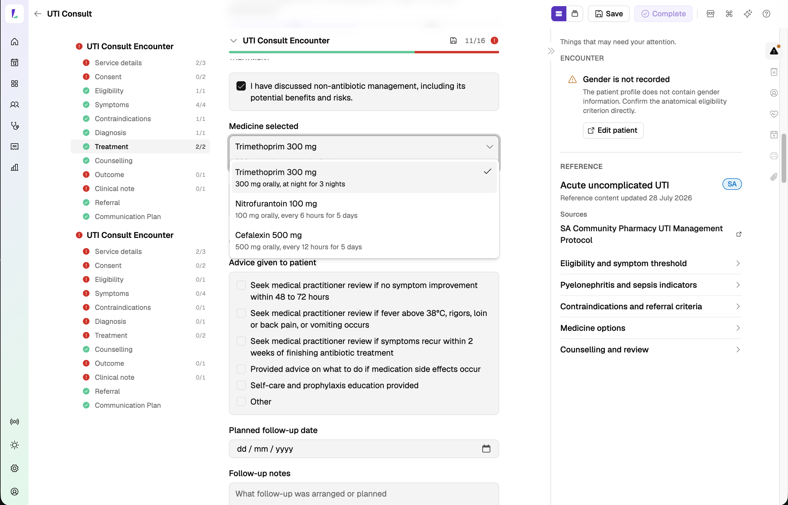 An SA UTI consult, with the medicine options listing Trimethoprim first and the SA Community Pharmacy UTI Management Protocol in the Reference panel