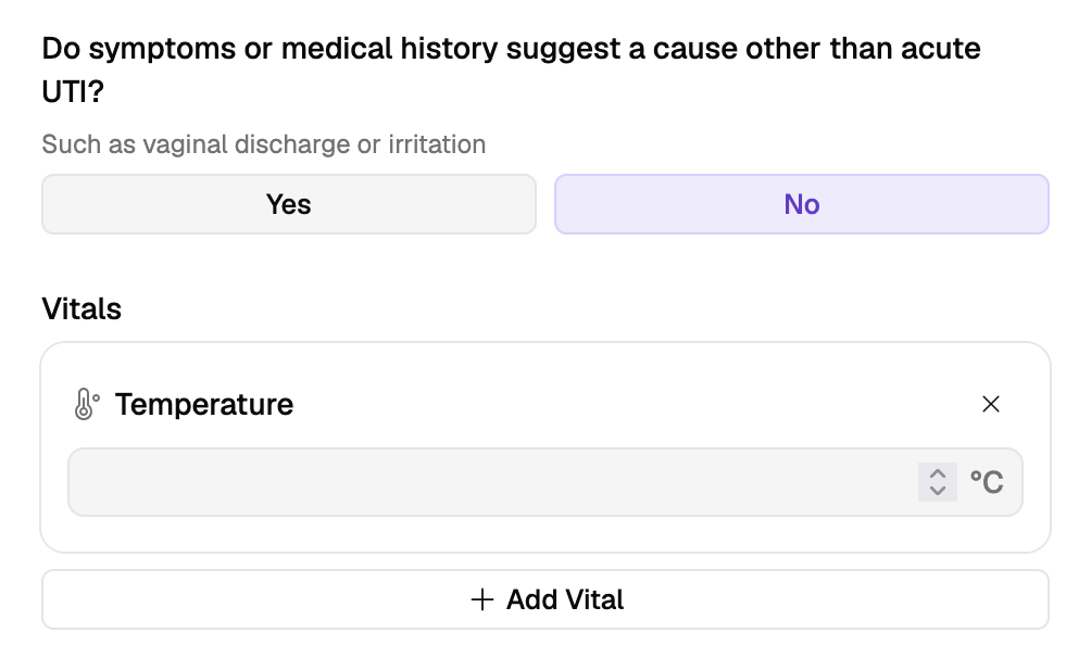 A UTI consult showing the alternative cause question above a Vitals card with an empty Temperature field in °C and an Add Vital button