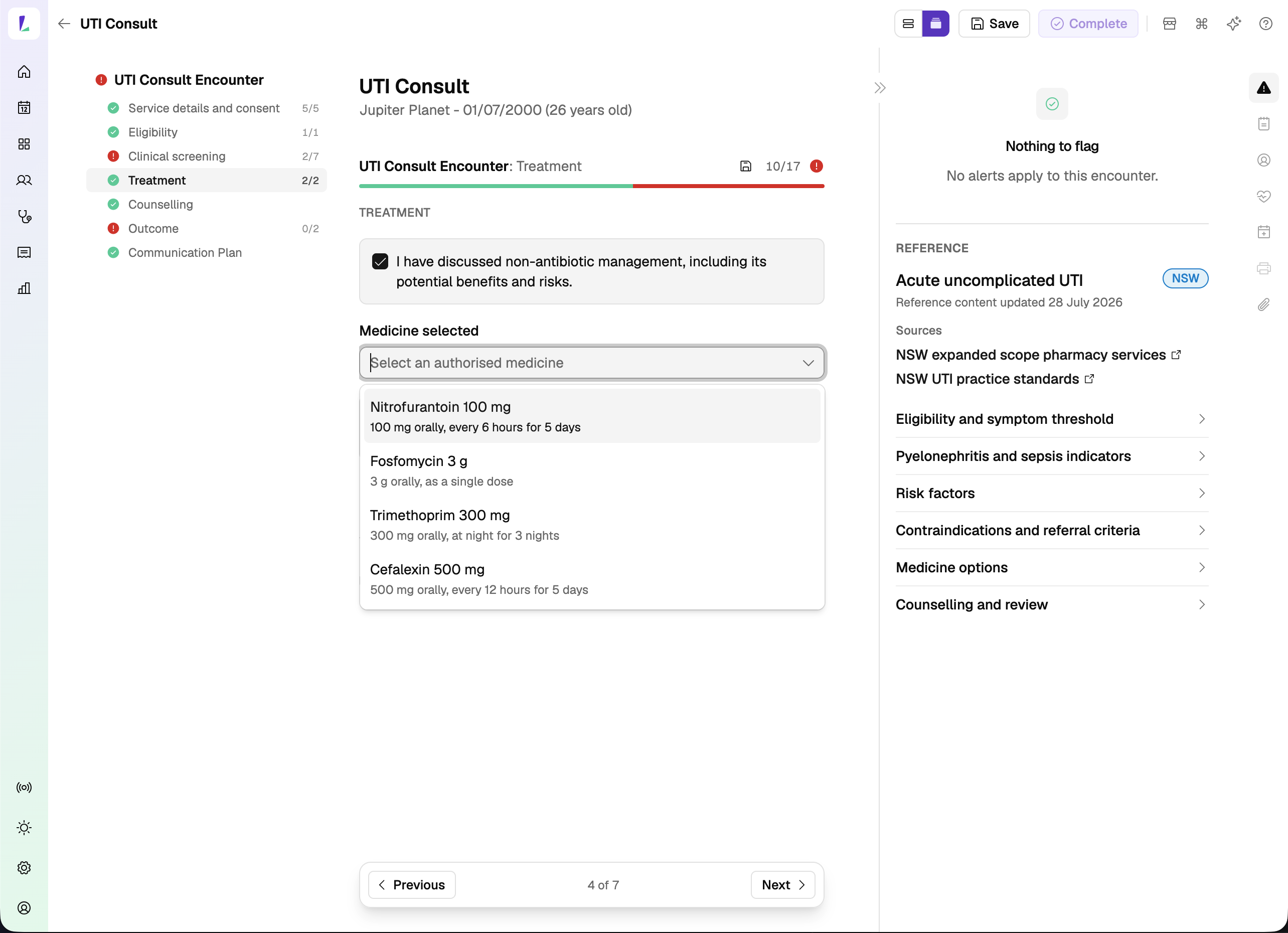 A NSW UTI consult, with the medicine options listing Nitrofurantoin first and the NSW sources in the Reference panel